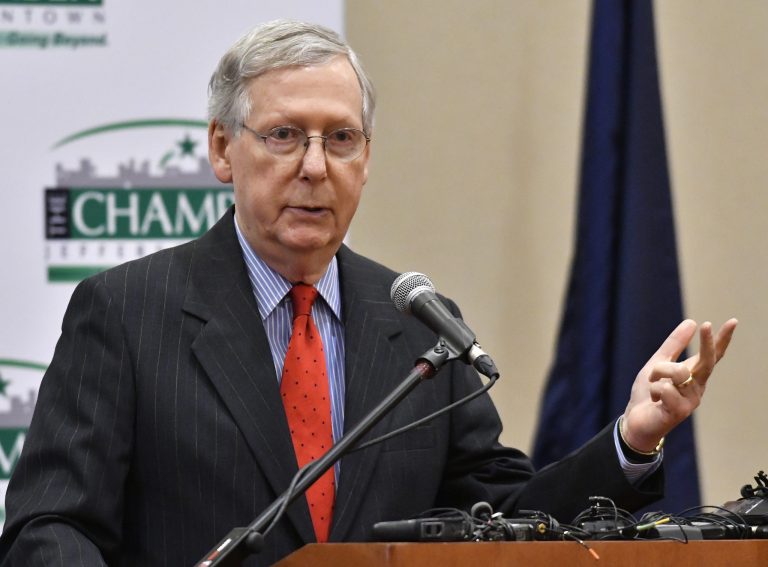 Senate Majority Leader Mitch McConnell said he does not mind the droves of protesters who have turned up at Republican lawmakers' town halls across the country, including one recent incident in Kentucky. (AP Photo/Timothy D. Easley)