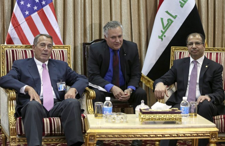 House Speaker John Boehner, left, meets with Salim al-Jabouri, right, speaker of the Iraqi parliament in Baghdad, Iraq, Monday, March 30, 2015. (AP Photo/Karim Kadim)