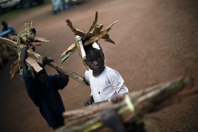 In this Wednesday, April 16, 2014 photo, Muslim refugee children carry firewood for cooking at the Catholic church compound in Carnot, Central African Republic. Christian fighters in the area have threatened to burn down the church sheltering over 900 Muslim refugees and have made death threats against the priests who work there. Yet the presence of armed African peacekeepers at the church compounds' gates has kept the militants at bay. (AP Photo/Jerome Delay)