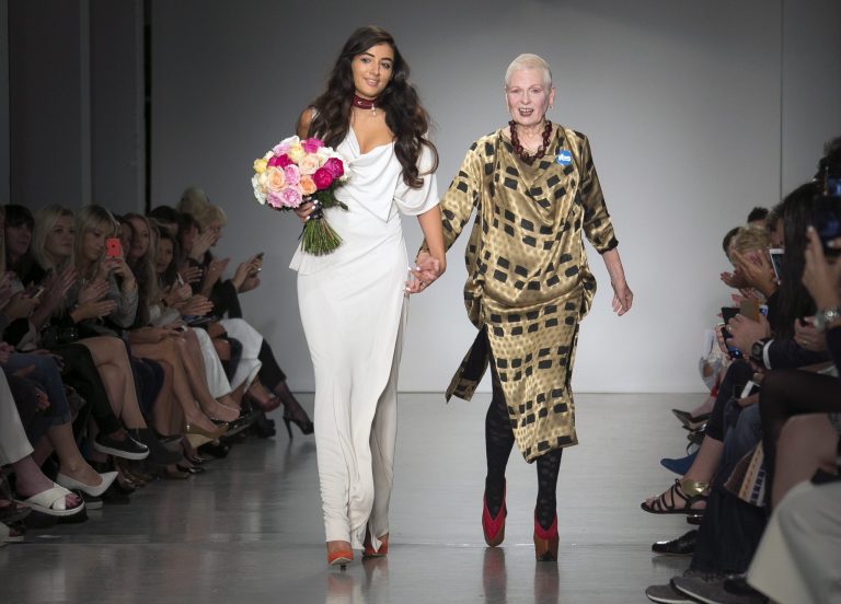 Designer Vivienne Westwood, alongside her granddaughter Cora Corre, during her Spring/Summer 2015 collection during London Fashion Week, at Victoria House in central London, Sunday, Sept. 14, 2014. (Photo by Joel Ryan/Invision/AP)