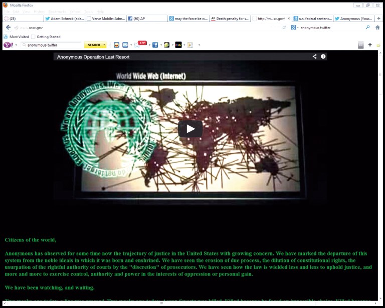 This screen shot shows the website of the U.S. Sentencing Commission after it was hijacked by the hacker-activist group Anonymous, early Saturday, Jan. 26, 2013, to avenge the death of Aaron Swartz, an Internet activist who committed suicide. (AP Photo)