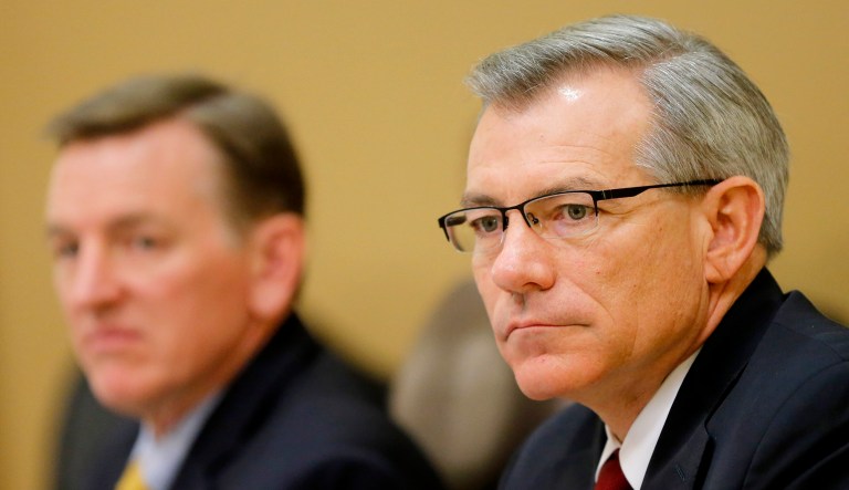 U.S. Rep. David Schweikert, R-Ariz., right, and U.S. Rep. Paul Gosar, R-Ariz., listen to testimony during a House Oversight and Government Reform Committee Congressional Field Hearing in 2013. (AP Photo/Matt York)