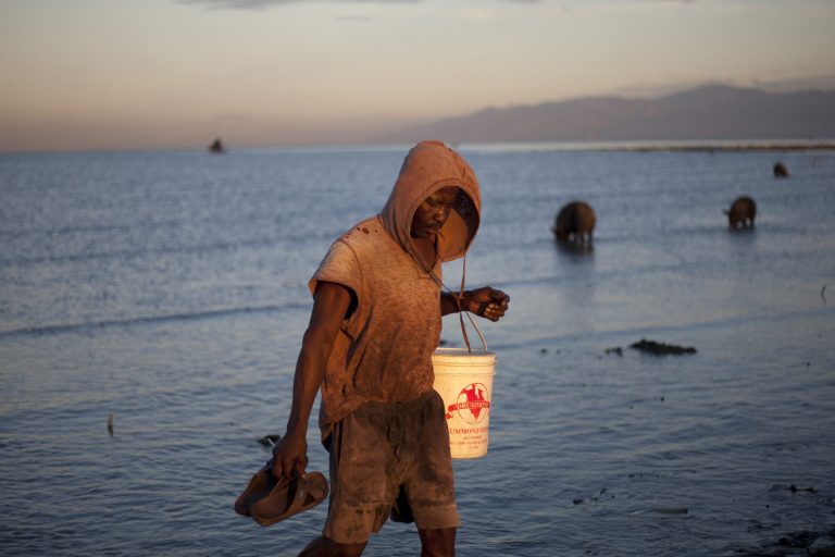   In this Tuesday, Dec. 4, 2012, a man returns empty-handed after early morning crabbing in a body of water near the Cite Soleil slum, in Port-au-Prince, Haiti. Many of the shanty town residents rely on the bounty of the sea, hoping to sell what they catch at local fish markets. Haitians suffered widespread hunger following an unusually active storm season this year and are likely to experience more, according to a study released Friday, Dec. 7, 2012. Nearly 70 percent of the more than 1,000 households interviewed said they experienced moderate or severe hunger, the study found. (AP Photo/Dieu Nalio Chery)  