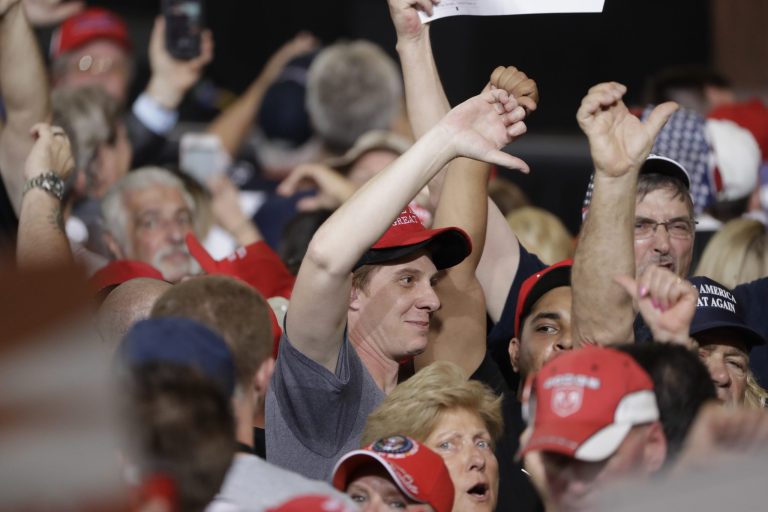 Supporters of President Donald Trump make gestures to the media during a campaign rally Saturday, Feb. 18, 2017, in Melbourne, Fla. (AP Photo/Chris O'Meara)