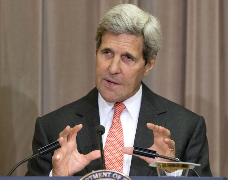 FILE - In this Sept. 3, 2014 file photo, Secretary of State John Kerry speaks at the State Department in Washington. Kerry will travel to Saudi Arabia and Jordan this week to meet with Mideast leaders about confronting threats from the Islamic State militant group. State Department spokeswoman Jen Psaki said the meetings with will focus on how the region can contribute to a new crackdown against the Islamic State.  (AP Photo/Carolyn Kaster, File)