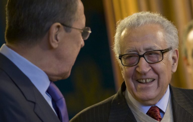   Russian Foreign Minister Sergey Lavrov, left, and U.N. envoy for Syria Lakhdar Brahimi meet in Moscow, Russia, on Saturday, Dec. 29, 2012. (AP Photo/Ivan Sekretarev)  