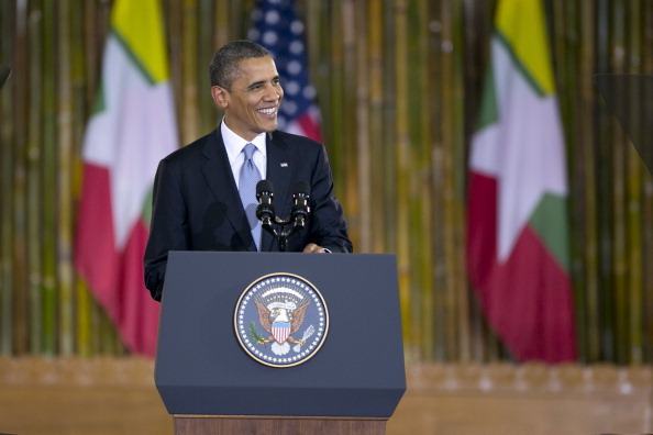 YANGON, MYANMAR - NOVEMBER 19:  US President Barack Obama speaks at the University of Yangon during his historical first visit to the country on November 19, 2012 in Yangon, Myanmar. Obama is the first US President to visit Myanmar while on a four-day tour of Southeast Asia that also includes Thailand and Cambodia. (Photo by Paula Bronstein/Getty Images)