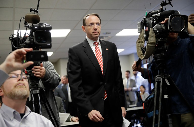 Rod J. Rosenstein, along with attorney Rachel Brand, could help manage the investigation into Russia's influence in the 2016 election. (AP Photo/Patrick Semansky)