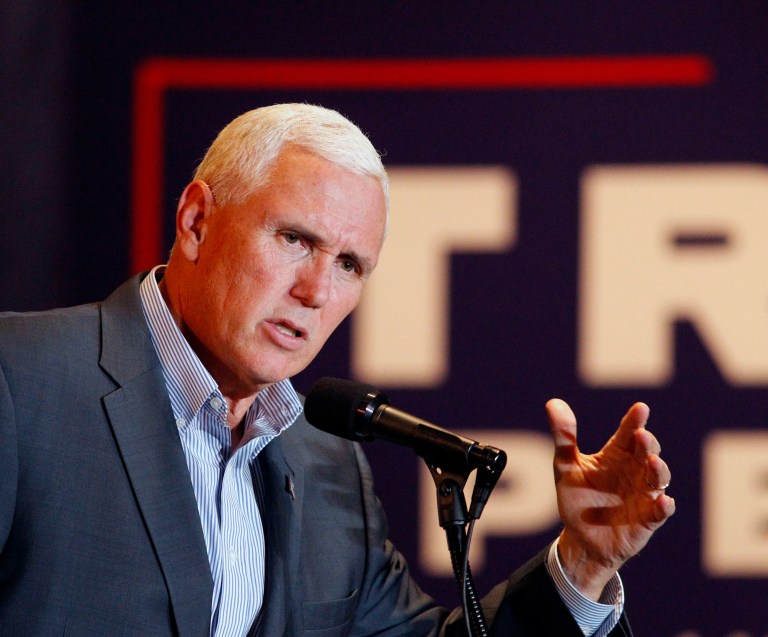 Republican vice presidential candidate Indiana Gov. Mike Pence speaks during a campaign stop in Dayton, Ohio (Ty Greenlees/Dayton Daily News via AP)