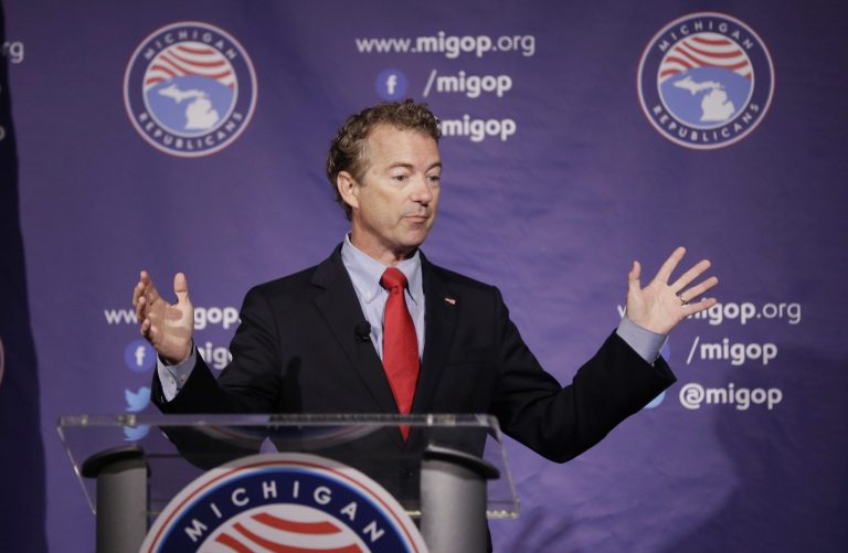 Republican presidential candidate, Sen. Rand Paul, R-Ky., addresses the 2016 Mackinac Republican Leadership Conference, Saturday, Sept. 19, 2015, in Mackinac Island, Mich. (AP Photo/Carlos Osorio)