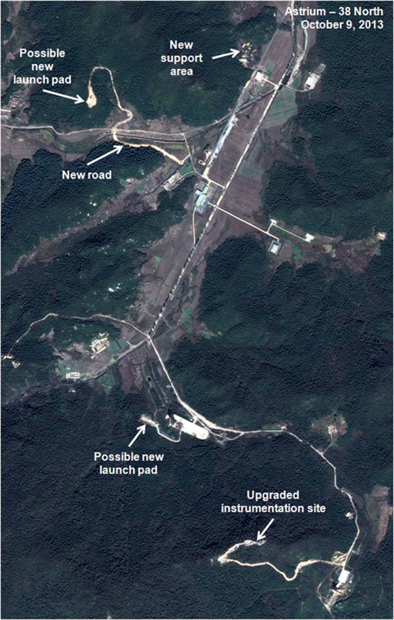 This Oct. 9, 2013 satellite image taken by Astrium, and annotated and distributed by 38 North shows the Sohae site where North Korea launched a long-range rocket into space in December 2012. U.S.-Korea Institute at Johns Hopkins School of Advanced International Studies said Monday, Oct. 28, 2013, North Korea is conducting major construction at its main missile launch site, apparently to accommodate larger rockets and new mobile missiles. (AP Photo/Astrium - 38 North) MANDATORY CREDIT
