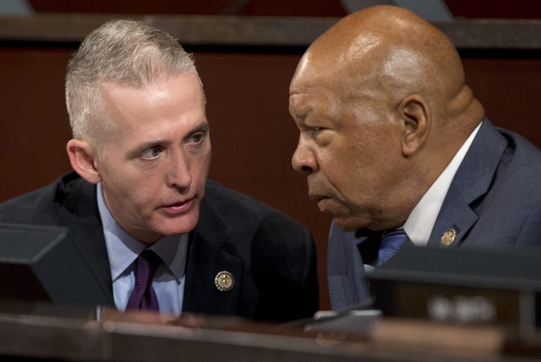 House Select Committee on Benghazi chairman Rep. Trey Gowdy, R-S.C., left and ranking member Elijah Cummings, D- Md., talk before a hearing on Wednesday, Sept. 17. (AP Photo)