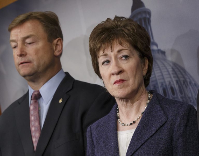 Sens. Dean Heller, R-Nev., and Susan Collins, R-N.H., pictured here on Jan. 14, are among the seven Republican co-sponsors of the plan. (AP Photo/J. Scott Applewhite)