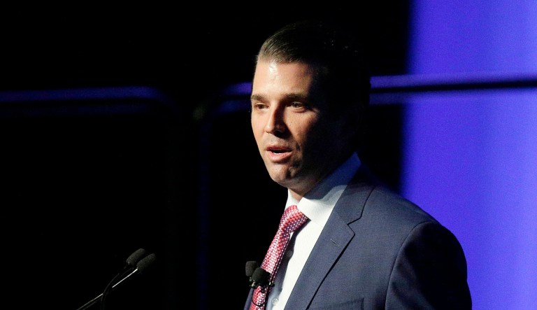 Donald Trump Jr. communicated with the Twitter account behind WikiLeaks, exchanging direct messages during the 2016 election about leaked emails from Democrat Hillary Clinton's campaign and other issues of interest to the group. (AP Photo/Brynn Anderson, File)