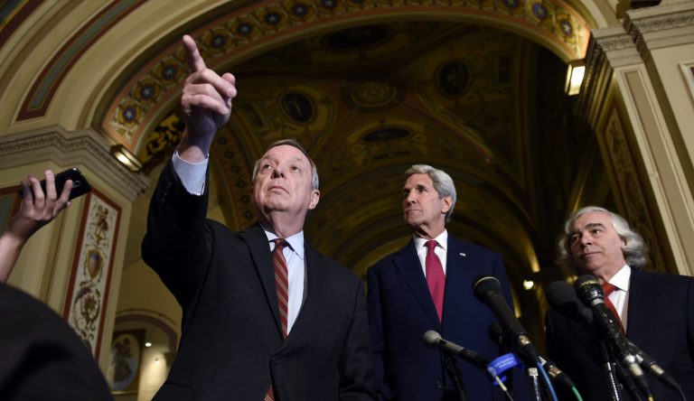 Democrats, who met Wednesday morning with Secretary of State John Kerry and Energy Secretary Ernest Moniz, are hoping to block the disapproval resolution. (AP Photo)Â 