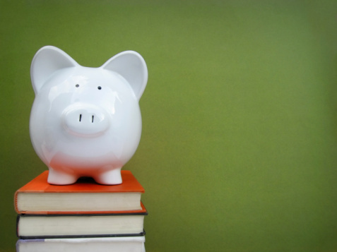Piggy bank on books - college fund concept