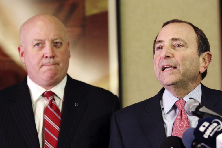  NHL Commissioner Gary Bettman, right, and deputy commissioner Bill Daly speak to reporters, Thursday, Dec. 6, 2012, in New York. The NHL has rejected the players' latest offer for a labor deal, and negotiations have broken off at least until the weekend. (AP Photo/Mary Altaffer)  