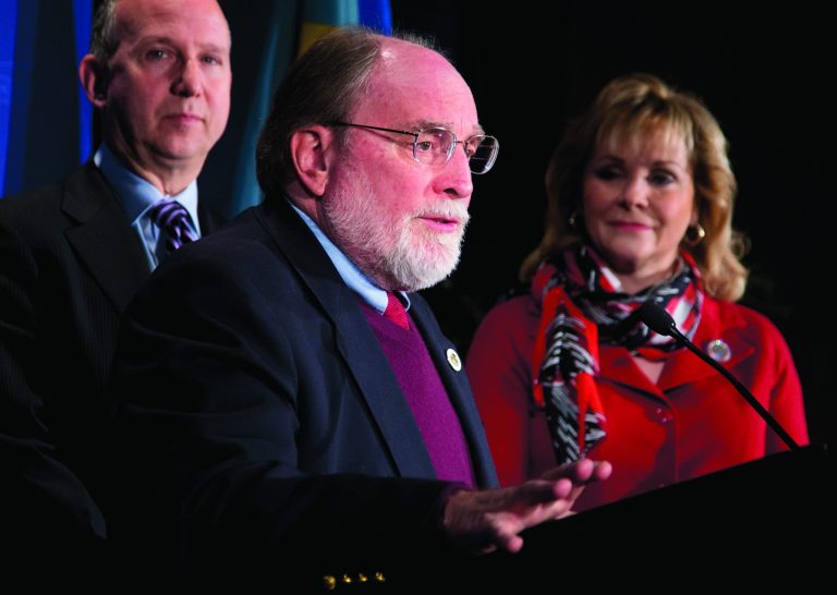 Hawaii Gov. Neil Abercrombie, center, seen with National Governors Association Chairman Gov. Jack Markell of Delaware, left, and Vice Chairman Gov. Mary Fallin of Oklahoma, speaks during the opening news conference of the NGA Winter Meeting in Washington, Saturday, Feb. 23, 2013. The nation's governors say their states are threatened if the automatic, across-the-board budget cuts, known as the sequester, take effect March 1. (AP Photo/Manuel Balce Ceneta)
