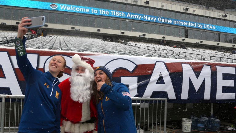The U.S. Military Academy and U.S. Naval Academy football teams will face off at Lincoln Financial Field in Philadelphia at 3 p.m. ET as part of a rivalry that has spanned more than 100 years. (AP Photo/Jacqueline Larma)