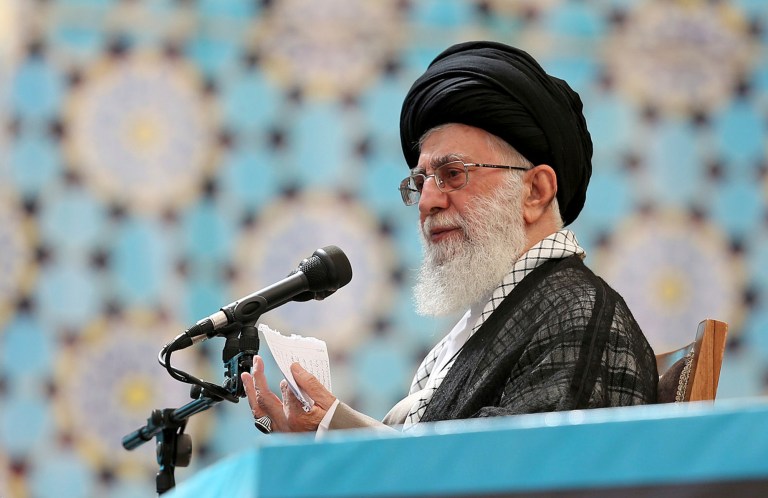 Iran's Supreme Leader Ayatollah Ali Khamenei addresses in a ceremony marking 25th death anniversary of the late revolutionary founder Ayatollah Khomeini at his shrine just outside Tehran, Iran, on Wednesday. (AP/Office of the Iranian Supreme Leader)