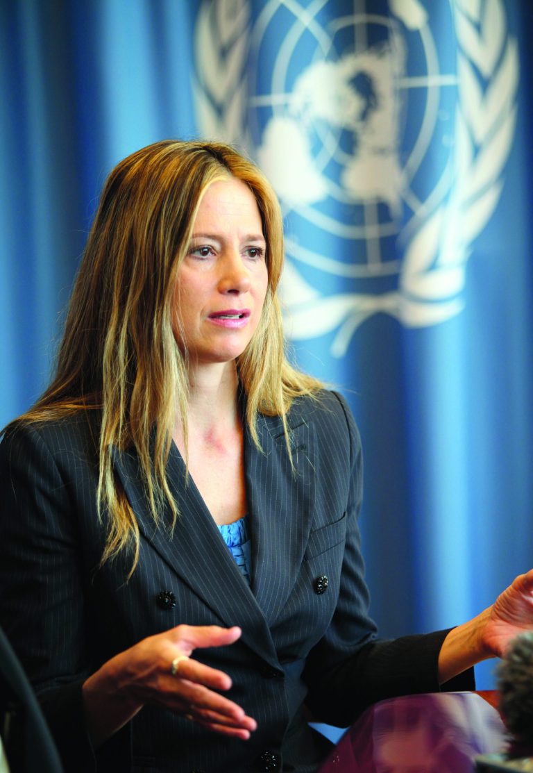 US actress Mira Sorvino, a UN Goodwill Ambassador to combat human trafficking for the United Nations Office on Drugs and Crime, UNODC, speaks during an interview by the Associated Press at the United Nations in Vienna, Austria, Friday, Feb. 8, 2013. 