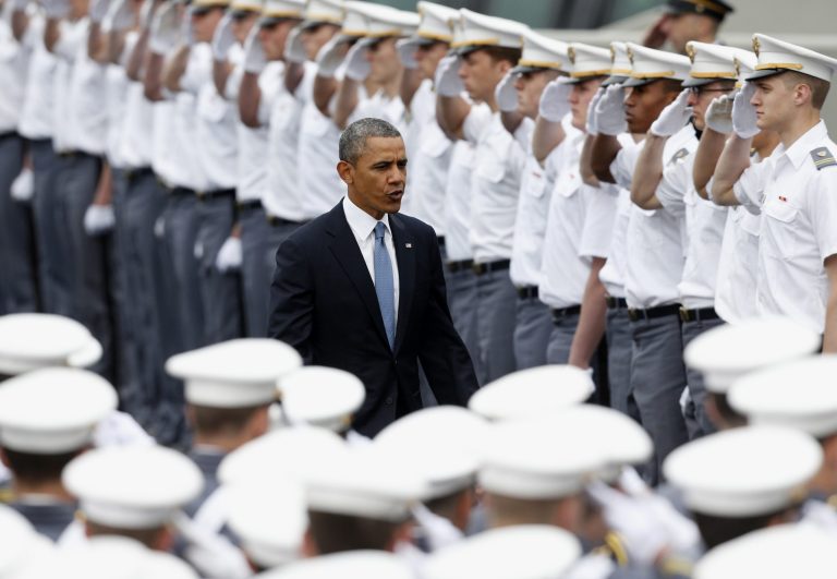 President Barack Obama arrives to a graduation and commissioning ceremony at the U.S. Military Academy on Wednesday, May 28, 2014, in West Point, N.Y.  In a broad defense of his foreign policy, the president declared  that the U.S. remains the world's most indispensable nation, even after a 