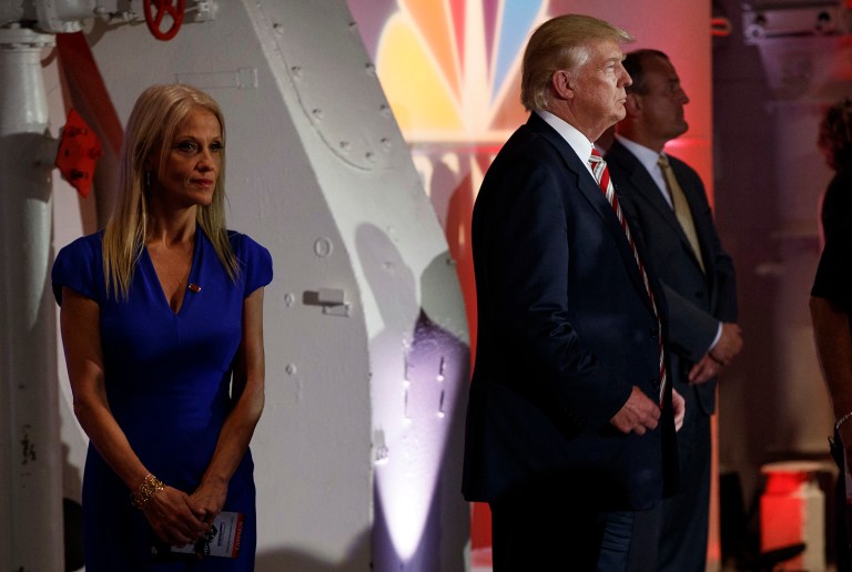Donald Trump's campaign manager Kellyanne Conway said Friday that the Clinton camp's complaints about sexism show the candidate is desperate with just two months to go before Election Day. (AP Photo/Evan Vucci)
