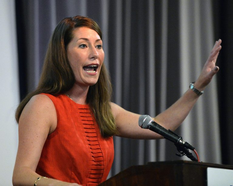 Alison Lundergan Grimes, the Kentucky Democrat challenging Republican Senate Minority Leader Mitch McConnell for reelection, told reporters that Israel's Iron Dome missile defense system prevents Hamas militants from tunneling into the Jewish state. (AP/Timothy D. Easley)