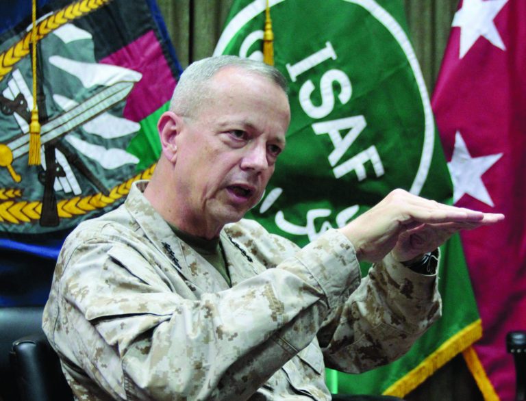 U.S. Gen. John Allen, top commander of the NATO-led International Security Assistance Forces (ISAF) and US forces in Afghanistan gestures during an interview with the Associated Press in Kabul, Afghanistan, Sunday, July 22, 2012. Gen. Allen says this year's pullout of 23,000 American troops is at the halfway point. He told The Associated Press in an interview Sunday that a significant number will leave in August and early September. (AP Photo/Musadeq Sadeq)