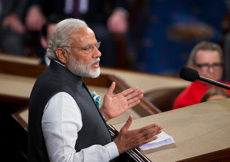 Indian Prime Minister Narendra Modi thanked the U.S. for its commitment to encouraging democratic values around the world. (AP Photo/Manuel Balce Ceneta)