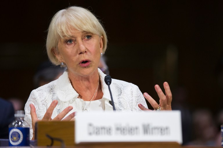 Actress Dame Helen Mirren testifies during a Senate Judiciary subcommittee hearing on the Holocaust Expropriated Art Recovery Act. (AP Photo/Evan Vucci)