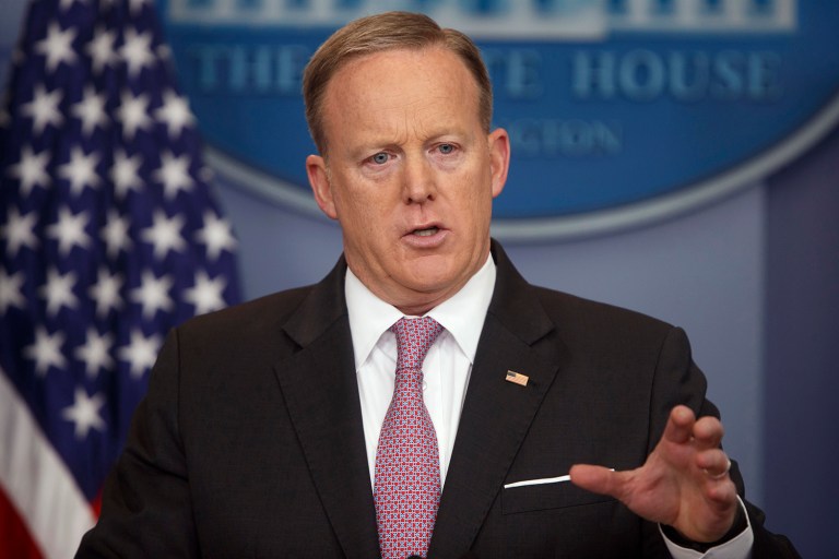 White House press secretary Sean Spicer refused to say if President Trump ordered the cyber sabotage of North Korea's ballistic missile test on Sunday. (AP Photo/Evan Vucci)