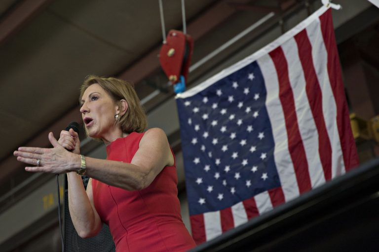 Carly Fiorina is asking why front-runner Donald Trump can't spend more time attacking Hillary Clinton. (Daniel Acker/Bloomberg)