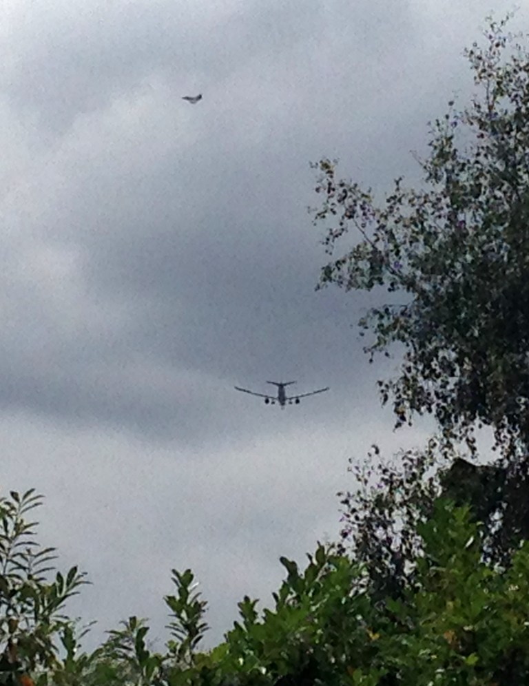 In this photo provided by Nick Arnold, a military fighter jet is seen near a passenger jet as it comes in to land at Manchester airport, Tuesday, Aug. 5, 2014. Police say they have arrested a man on suspicion of making a hoax bomb threat after Qatar Airways Flight 23 landed with a military fighter escort at Britain's Manchester Airport. (AP Photo/Nick Arnold)