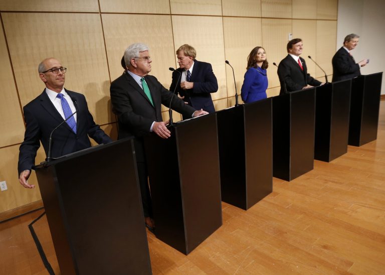 Senate candidates, left to right, Rep. Charles Boustany, D-La., Louisiana Public Service Commissioner Foster Campbell, David Duke, attorney Carolyn Fayard, Rep. John Fleming, R-La., and Louisiana Treasurer John Neely Kennedy take their places before a debate for Louisiana Senate candidates at Dillard University in New Orleans, Wednesday, Nov. 2, 2016. (AP Photo/Gerald Herbert)