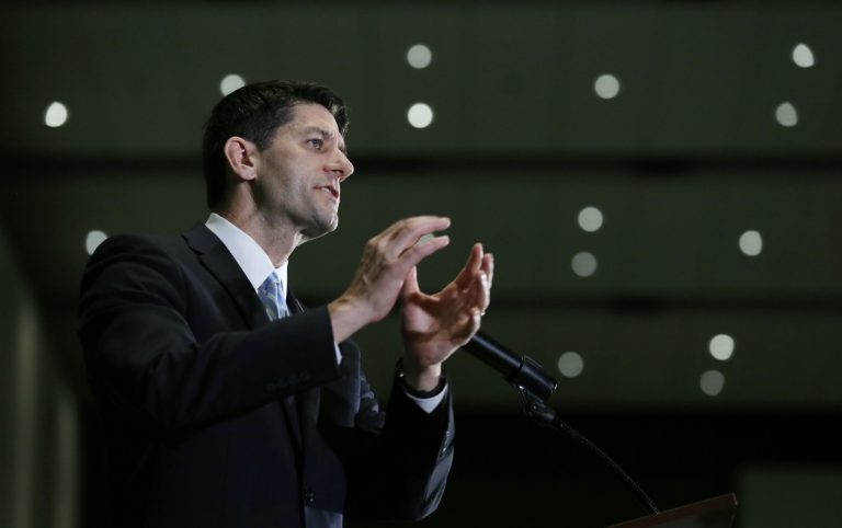 Rep. Paul Ryan, R-Wis., speaks during the Iowa Republican Party's annual Lincoln Day dinner on Friday in Cedar Rapids, Iowa. (AP Photo/Charlie Neibergall)
