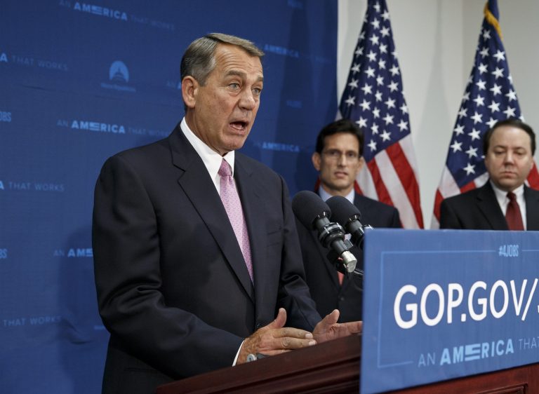 House Speaker John Boehner of Ohio, joined by House Majority Leader Eric Cantor, R-Va., center, and Rep. Pat Tiberi, R-Ohio, talks to reporters on Capitol Hill in Washington, Tuesday, June 10, 2014, after a Republican Conference meeting. Commenting on  problems with the troubled health care system in the Department of Veterans Affairs, Boehner said, 