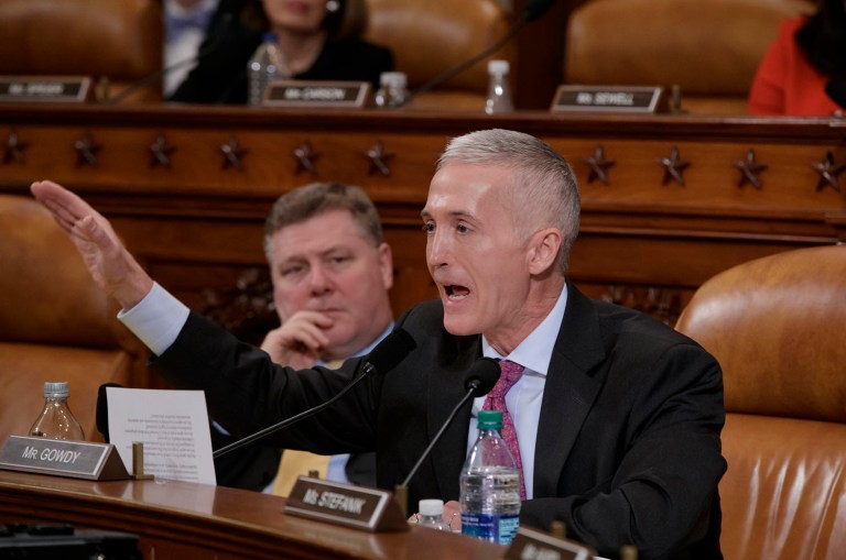 House Intelligence Committee member Rep. Trey Gowdy, R-S.C., right, accompanied by Rep. Rick Crawford, R-Ark., questions FBI Director James Comey on Capitol Hill in Washington, Monday, March 20, 2017, during the committee's hearing on allegations of Russian interference in the 2016 U.S. presidential election. (AP Photo/J. Scott Applewhite)