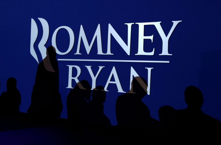 A sign at Mitt Romney's campaign election night event at the Boston Convention & Exhibition Center (Getty Images)