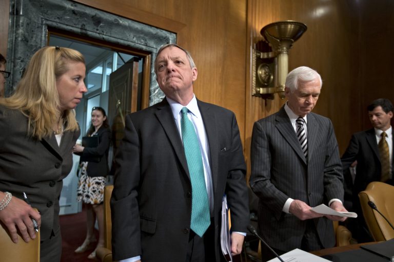 Sen. Thad Cochran,Â chairman of the Senate Appropriations Committee's defense subcommittee, right, andÂ Sen. Dick Durbin,Â the subcommittee's ranking Democrat,Â wrap up a hearing. (AP Photo/J. Scott Applewhite)