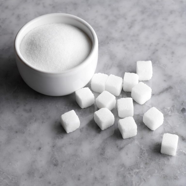 Granulated sugar in bowl with cubes on countertop