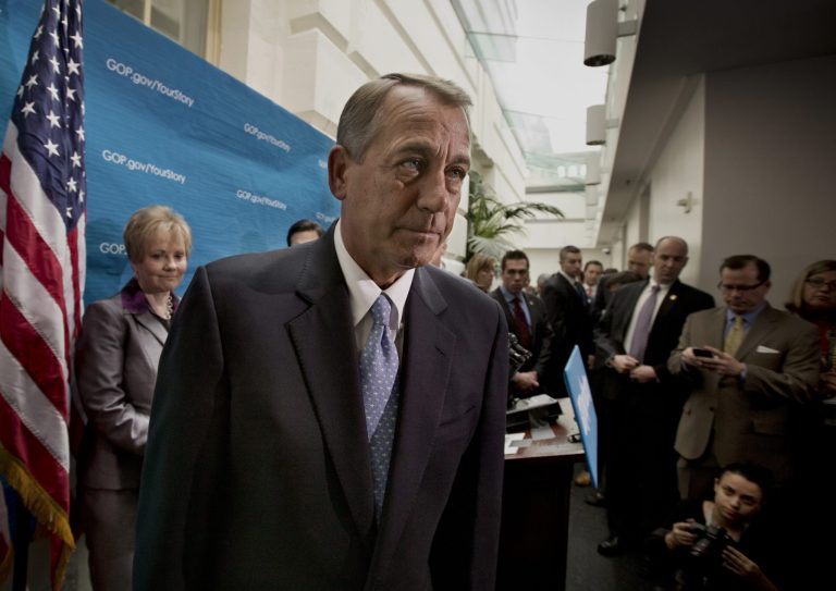 FILE - This Dec. 3, 2013 file photo shows House Speaker John Boehner of Ohio leaving a news conference on Capitol Hill in Washington. Barring uncharacteristically swift work by Congress, more than a million victims of the recession will lose long-term employment benefits over the holidays, the price of milk could shoot up in late winter and government payments might fall sharply for doctors who treat Medicare patients.  (AP Photo/J. Scott Applewhite, File)