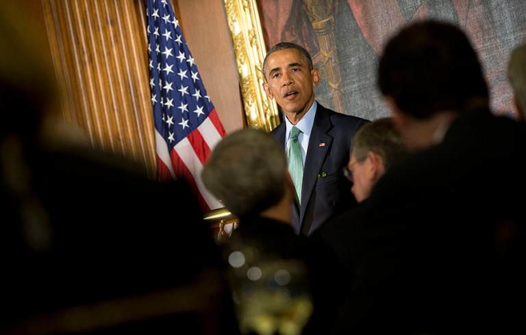 Obama joked during the annual Friends of Ireland lunch at the Capitol Tuesday afternoon that he hopes the event's convivial spirit extends to his forthcoming candidate for the high court. (AP Photo/Pablo Martinez Monsivais)