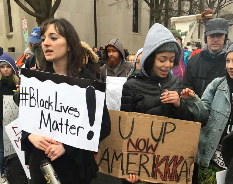 Black Lives Matter and #DisruptJ20 protesters moved swiftly to block Donald Trump's supporters and others from attending Inauguration Day festivities. (Photo: Beverly Hallberg)