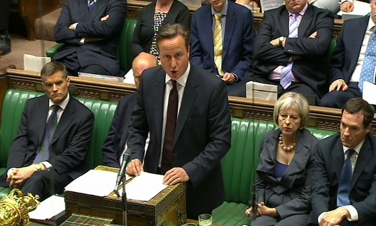 Britain's Prime Minister David Cameron makes a statement at the House of Commons, London, Monday. (PA via AP)