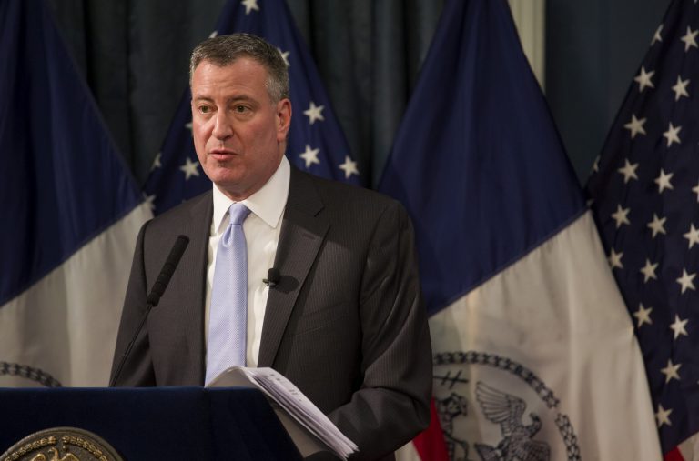 New York Mayor Bill de Blasio delivers his budget address at City Hall in New York on Feb. 12. (AP/Craig Ruttle)
