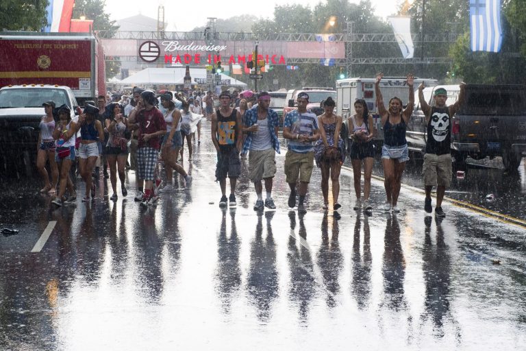 Concert goers leave the Made in America Festival after the grounds are evacuated due to thunderstorms on Sunday, Aug. 31, 2014, in Philadelphia. (Photo by Charles Sykes/Invision/AP)