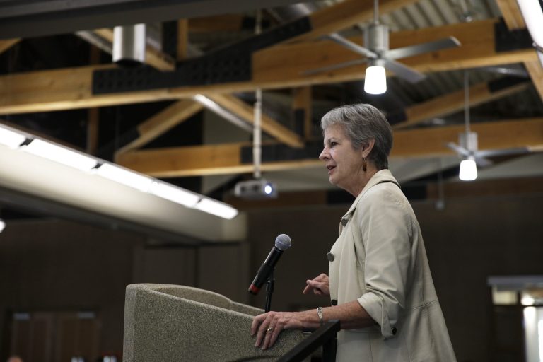 Assistant Secretary of the Interior Anne Castle speaks at The Business of Water conference Friday, Aug. 29, 2014, in Las Vegas. Castle spoke about water issues along the Colorado River system. (AP Photo/John Locher)
