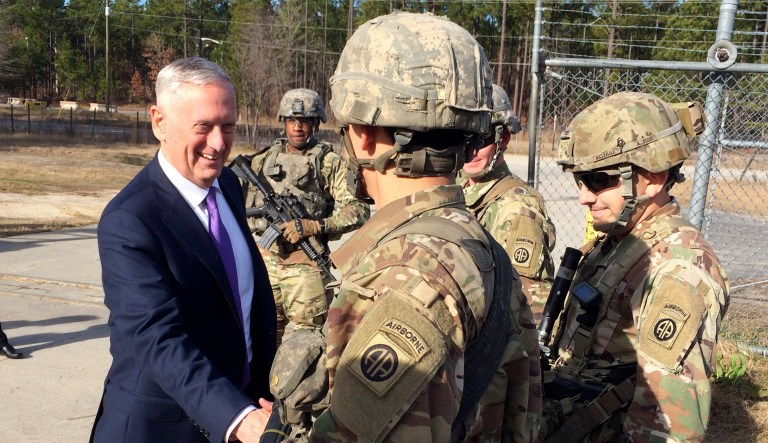 Defense Secretary Jim Mattis greets soliders at Fort Bragg, N.C., Friday, Dec. 22, 2017. 