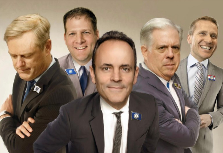 Republican governors in charge Missouri Gov. Eric Greitens, New Hampshire Gov. Chris Sununu, Maryland Gov. Larry Hogan, Kentucky Gov. Matt Bevin and Massachusetts Gov. Charlie Baker. (Cover illustration by Bill Lesniewski for the Washington Examiner)